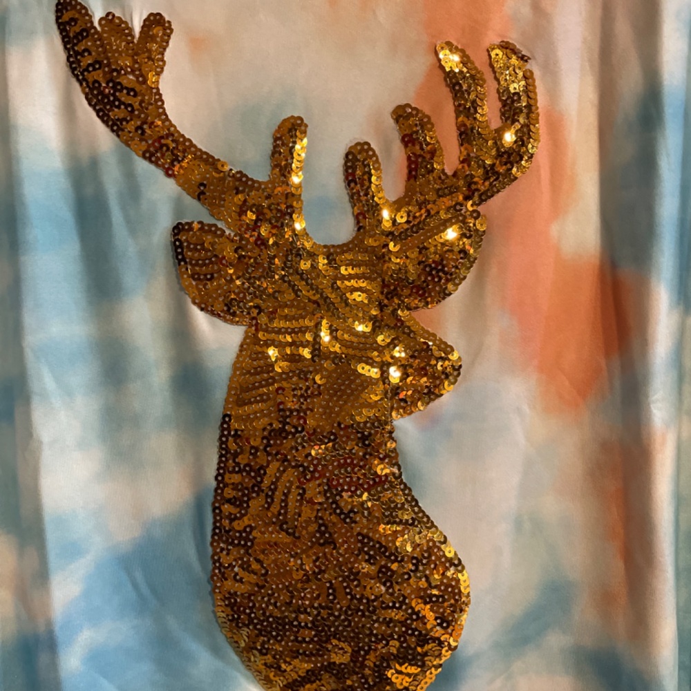 Women Large  Sequins Reindeer Christmas Gift Shirt Blouse Top Pretty Tie Dye - Picture 3 of 5